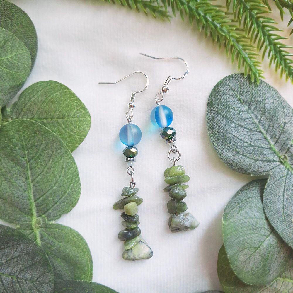 Aqua Blue Glass & Green Serpentine Dangle Earrings - Picture 2 of 13